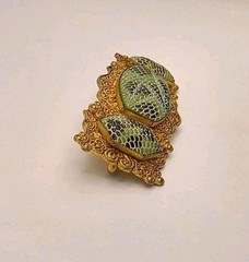 Vintage Signed Czechoslovkia Green/Black/White Snake Skin Pressed Glass Brooch