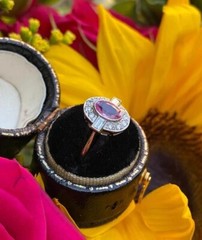 Art Deco Style Oval Pink Sapphire and Lab Created Diamond 14K White Gold FN Ring