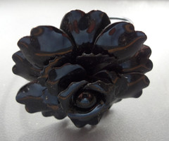 Vtg Chunky Black Enamel Metal Rose Flower Clamper Bracelet Rare Mourning