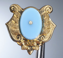 Antique gold brooch blue opaline glass hollow pin tube hinge C-clasp jewelry
