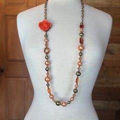 Orange Resin Rose Asymmetrical Statement Necklace Multi-Tonal Beads Gold Tone