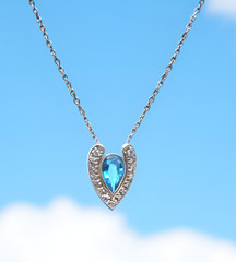 14K White Gold Blue Aquamarine Diamond Artistic Pendant Necklace, 18 Inch Chain