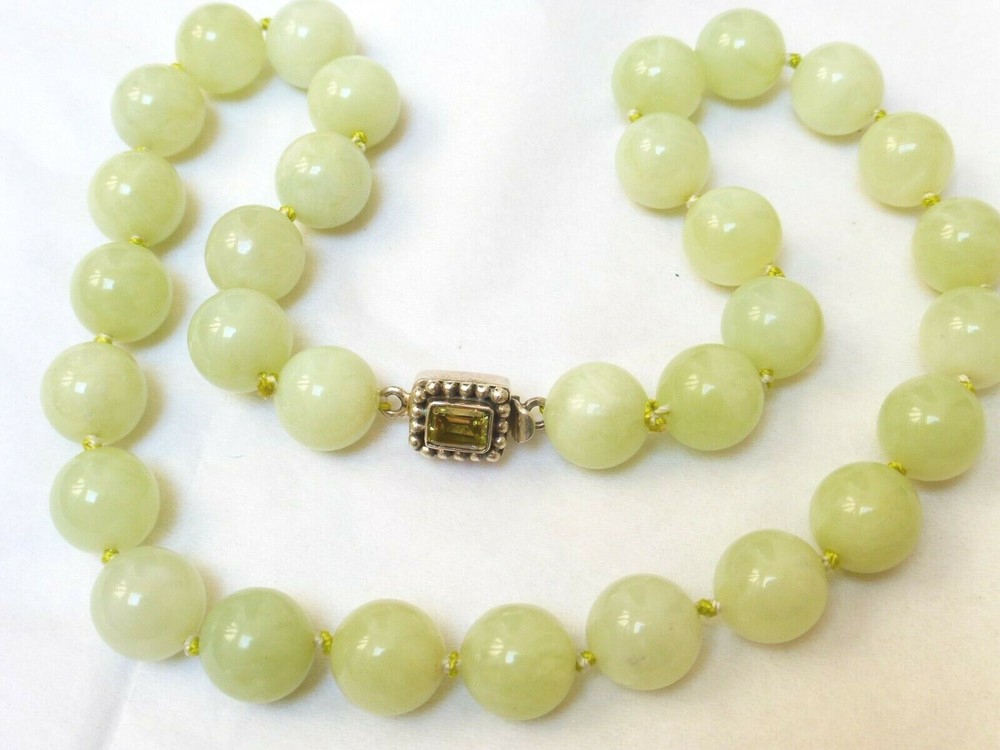 Chinese Green 12mm Jade Beads Necklace, Sterling Clasp,18″
