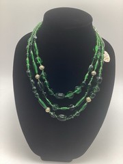 Vintage Emerald Green Glass Beaded Multi 3 Strand Necklace Made In India 19”