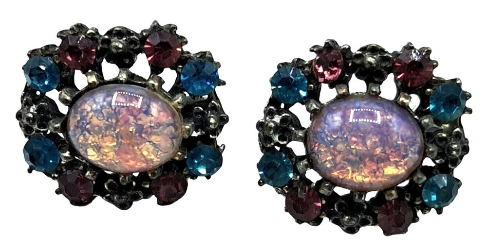 Vintage Coro Rhinestone Earrings Cabochon Blue Pink Stone Screw Ons