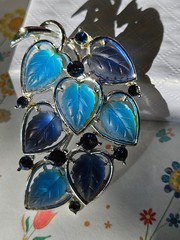 Vintage MCM Lisner Blue Leaf Lucite Rhinestone Brooch Pin Gift for Her STUNNING!