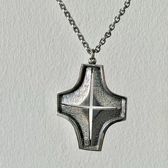 VTG Signed GUY VIDAL Modernist Brutalist Plated Pewter Cross Pendant/Necklace
