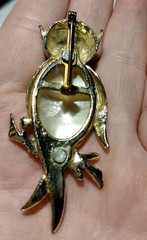 Vintage Mid Century Owl Brooch Pin Gold Tone Red Rhinestone Eyes Faux Pearl Body