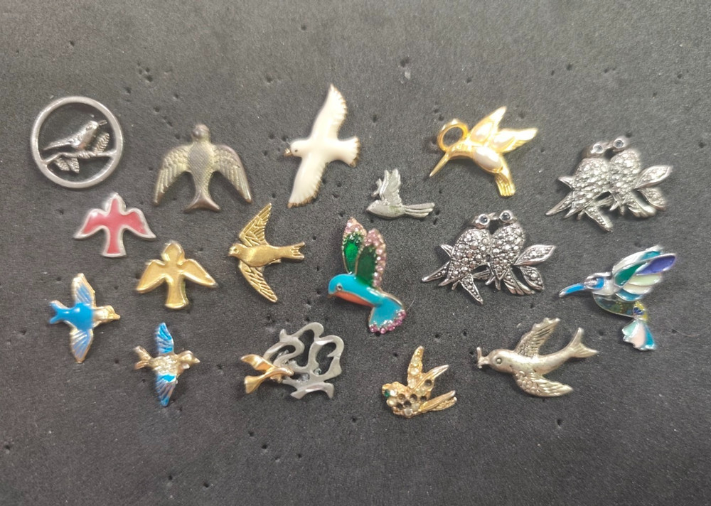 Vintage Bird Brooch Pin Lot 17 Hummingbird Dove Swallow Owl Rhinestone Enamel