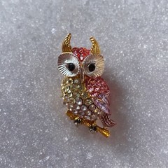 Vintage Owl Brooch Pendant Rhinestone Figural Enamel Gold Tone Jewelry