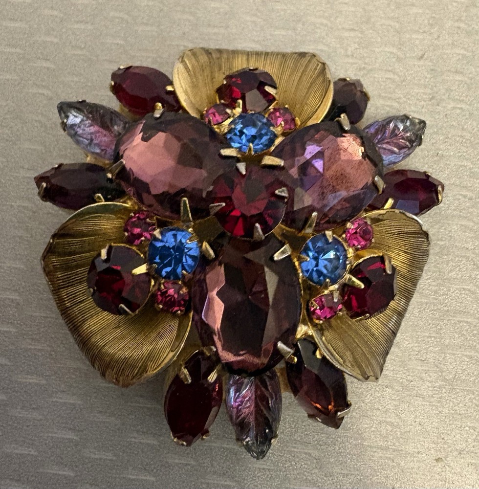 Vintage Juliana Purple Blue Red Rhinestone Brooch Goldtone D&E Book Piece 2.5″
