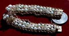 14k yellow gold bracelet 5-5.5mm cultured pearl 0.5ct diamond 7.5″ antique 43.0g