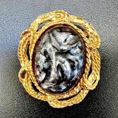Vintage Black Carved Cameo Style Brooch Gold Tone Ornate Statement Pin