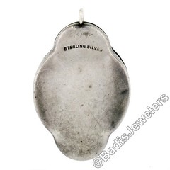 Antique .925 Sterling Silver Enamel Bird Mother of Pearl Quatrefoil Pendant RARE