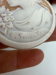 Vintage Cameo Unmounted Shell Girl in Profile Curls Bird Signed
