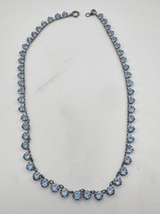 Vtg Sterling Silver Necklace Light Blue Glass Paste Riviere Open Bezel Collet