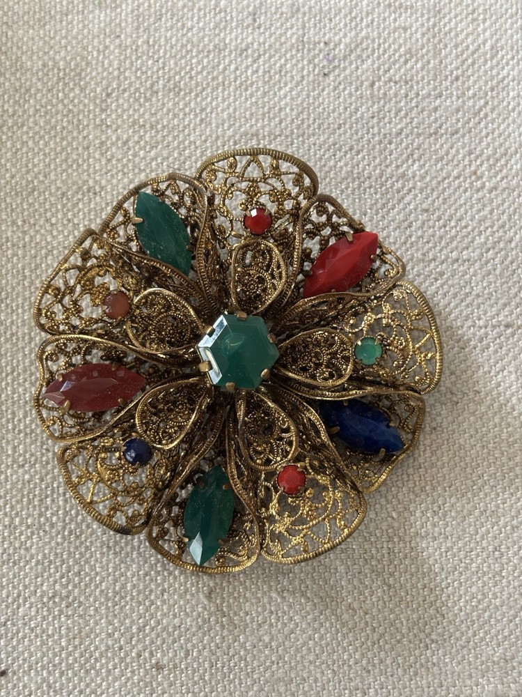 Vintage Czechoslovakia Prong Set Red Blue Green Yellow Crystal Filigree Brooch