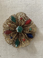 Vintage Czechoslovakia Prong Set Red Blue Green Yellow Crystal Filigree Brooch
