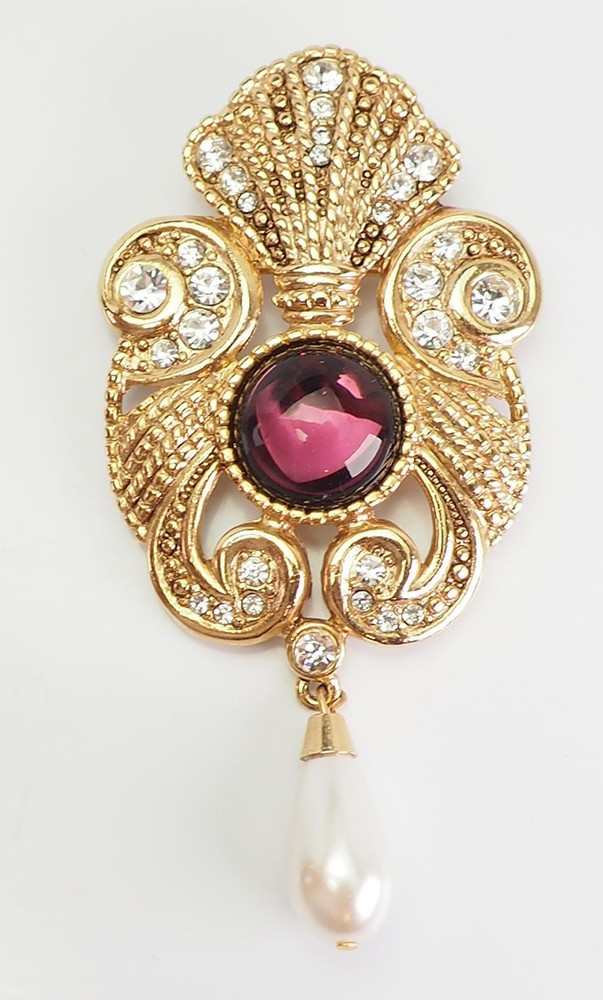 Large vintage elaborate rhinestones faux pearl purple pin by Jeff Lieb