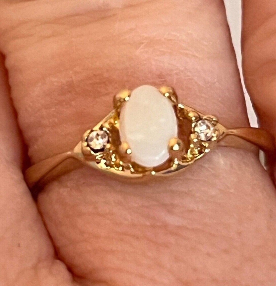 Vintage 1970s Uncas Opal Ring Size 7 14K Gold Plate Austrian Crystal -14M
