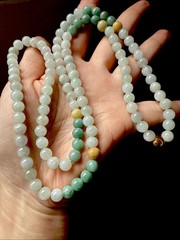 Grade A Untreated Burma Jadeite 純天然翡翠A貨老坑緬甸有種有色三彩長珠串項鍊 Certified