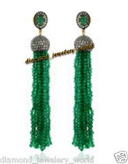 Vintage 3.35ctw Rose Cut Diamond Emerald Silver Stunning Tassel Earring Jewelry