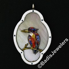 Antique .925 Sterling Silver Enamel Bird Mother of Pearl Quatrefoil Pendant RARE