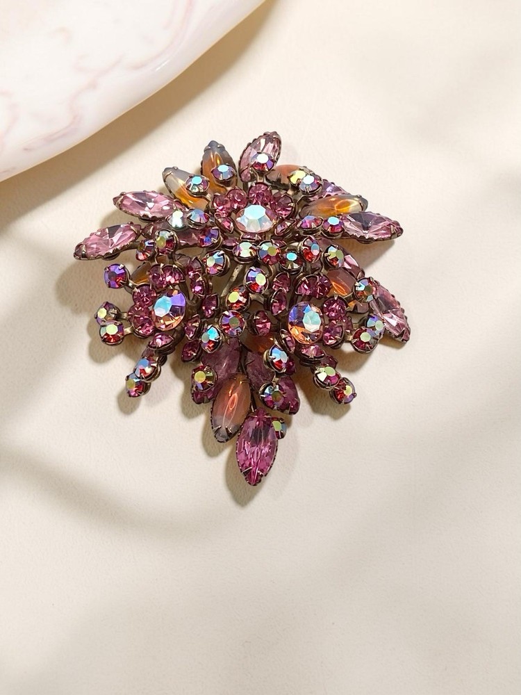 Gorgeous Large Vintage Pink Rhinestone Cluster Brooch Navette Floral Spray Pin