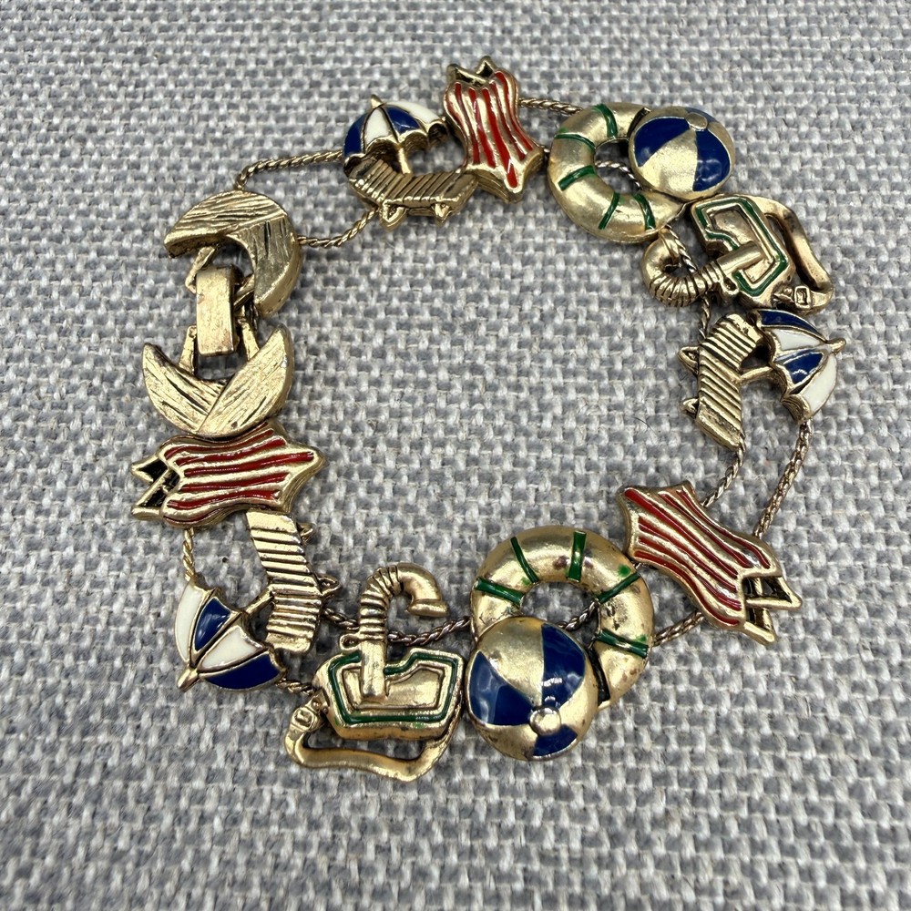 Vintage Slider Bracelet Enamel Beach Ball Pool Swimsuit Chaise Lounge Goggles