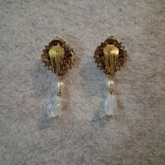 Vtg West Germany Opaline Moonstone Glass Faux Pearl Filigree Dangle Earrings