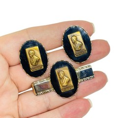 Vintage gold tone black glass A SENEFELDER N.A.L.C. tie clip cufflinks set