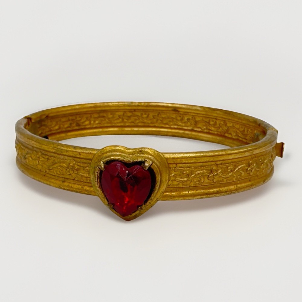Vintage Victorian Revival Heart Bangle Bracelet Red Glass Gold Tone Hinged TINY*