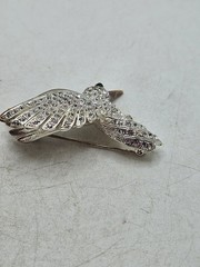 Vintage HummingBird In Flight Brooch Pin Silver Tone Rhinestones With Green Eye