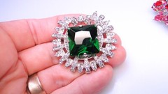 Gorgeous Big Rhinestone Pins Red Pink Signed Blue Green 3pc Pin Lot