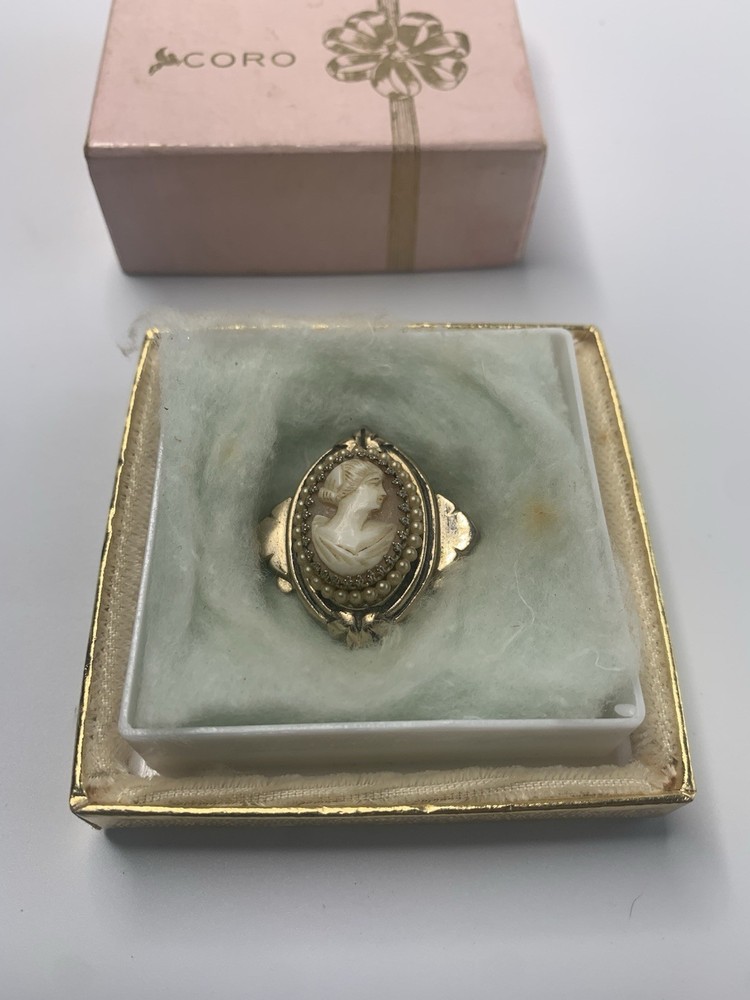 Vintage Gold Tone Coro Cameo with Original Box