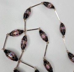 Vintage Venetian Glass Beaded Necklace Black Pink Blue Lampwork Beads Gold Tone