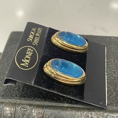 Vtg Monet Carved Blue Glass Scarab Earrings w Gold Tone Settings Mint on Card