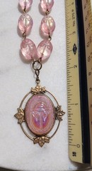SALE! VINTAGE EGYPTIAN IRID PINK SCARAB PENDANT SCARAB BEAD GLASS NECKLACE SET