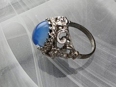 Vintage Blue Opaline Color Shifting Glass Cab Ring Ornate Silver Tone Size 6.5