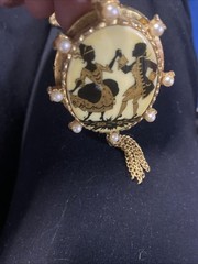 Vintage 50s Goldtone Locket Painted Courting Couple Silhouette Victorian Revival
