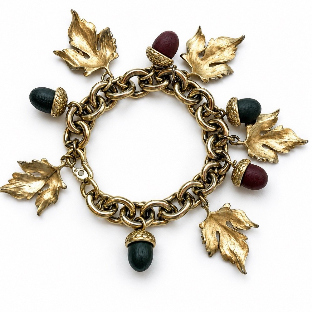 DKNY Vintage Leaf Charm Bracelet Acorn Brushed Gold Antiqued Heavy Signed