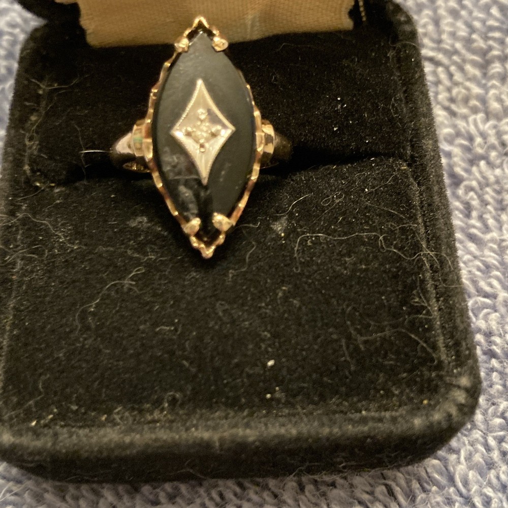 10k Yellow Gold Marquise Black Onyx Ring with Diamond Accent, Size 5.5