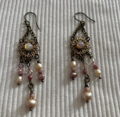 Vintage Boho Earrings Brass-Tone w/Opal-Glass on Alloy Filigree, Pearl+ danglers