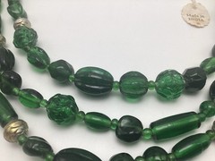 Vintage Emerald Green Glass Beaded Multi 3 Strand Necklace Made In India 19”