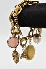 Carolee Vintage Charm Locket Bracelet Antiqued Gold Pink Floral Signed 80s BinBR