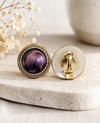 Vintage 1980s Gold Tone Clip On Earrings Pink Purple Cabochon Rope Trim 1″