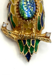 Vintage Florenza Owl Brooch Blue Green Foiled Cabochon Enamel Gold Tone Pin