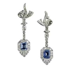 Art Deco Style Emerald Sapphire & Lab Created Diamond 14k White Gold FN Earring