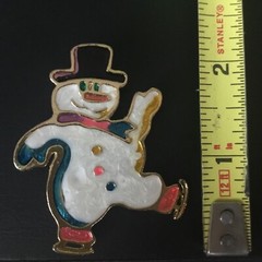 Snowman Ice Skating Christmas Winter Pin Gold Tone Metal & Enamel Vintage