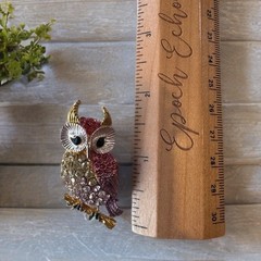 Vintage Owl Brooch Pendant Rhinestone Figural Enamel Gold Tone Jewelry